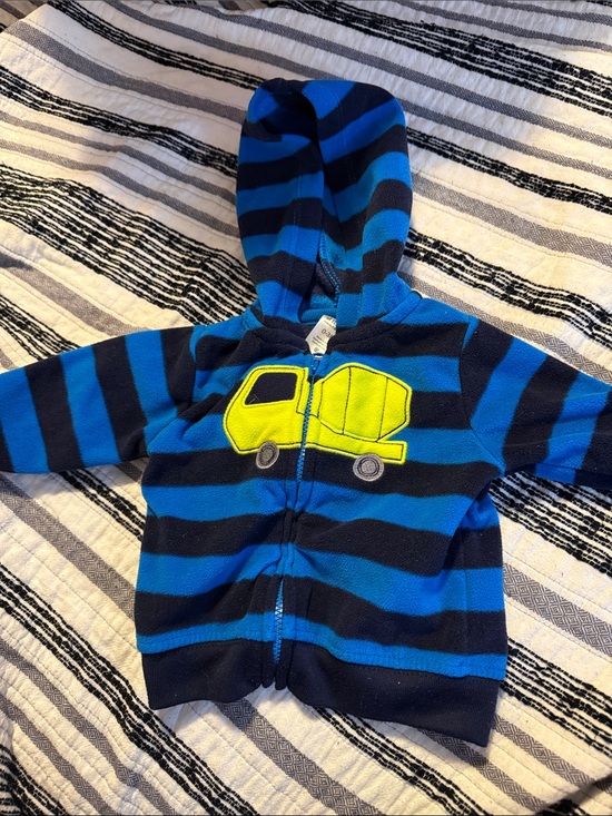 Carter's Other - Carter's Blue & Navy Striped Hooded Puffer Jacket with Yellow Truck Applique